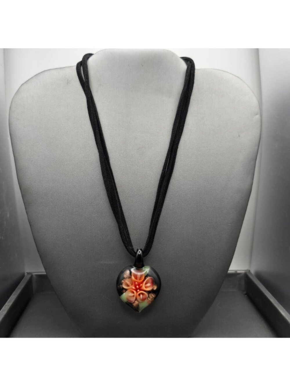 Sterling Silver Murano Glass Flower Pendant Velvet Necklace 16" Art Nouveau Styl - Picture 3 of 7